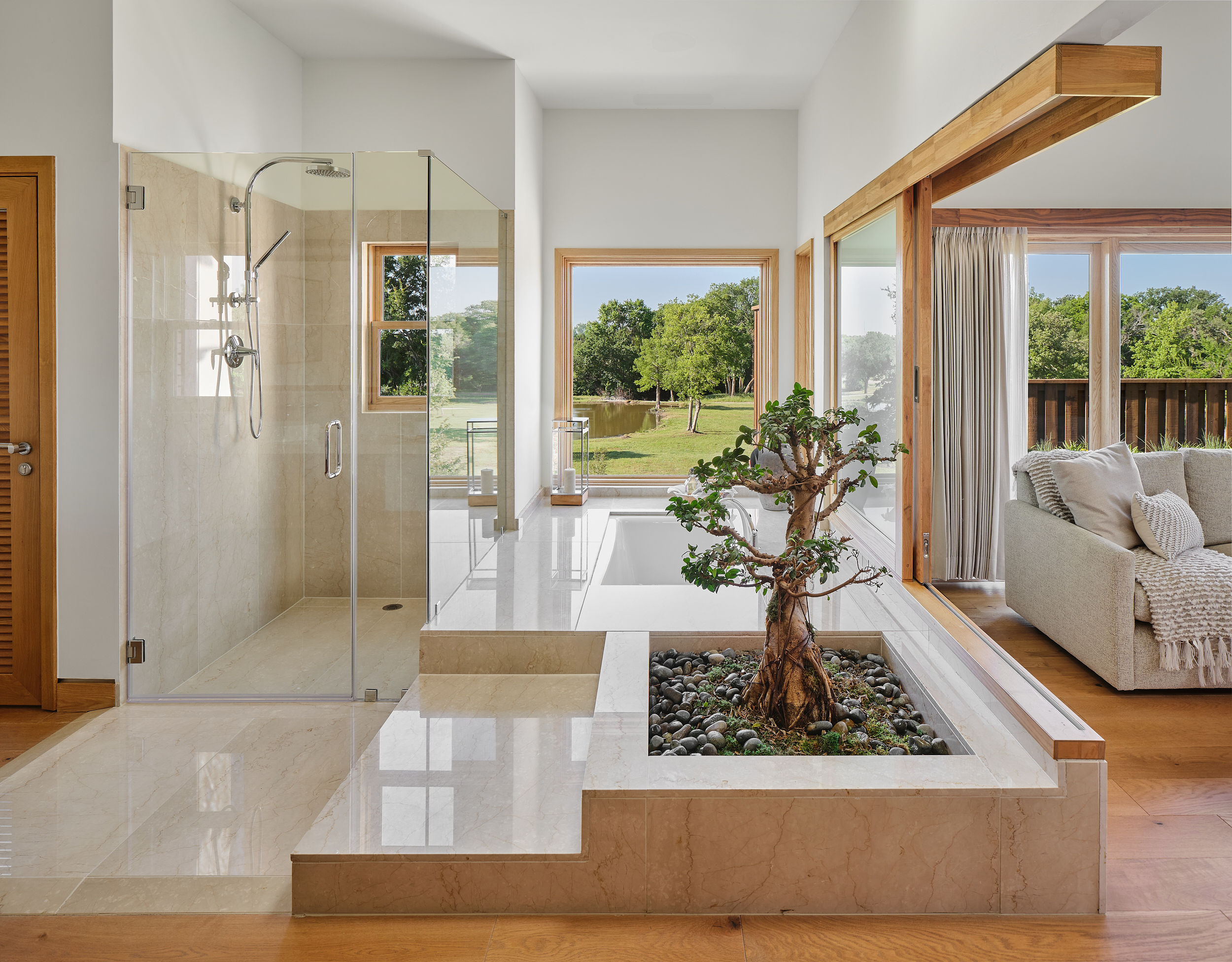 Spa bathroom with indoor bonsai tree